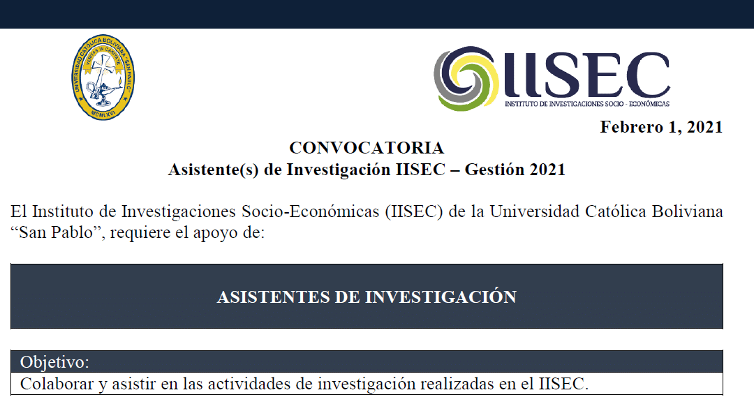 Convocatoria Asistente(s) de Investigación IISEC – Gestión 2021