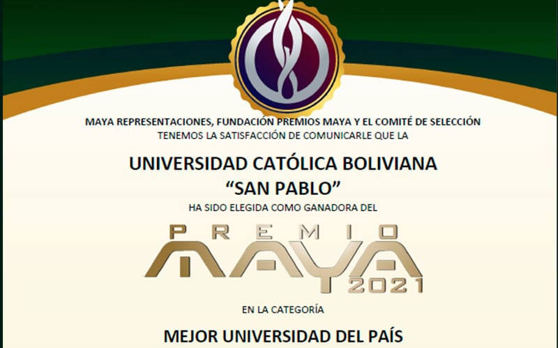 Acreditan a la Universidad Católica Boliviana el premio Maya 2021 como la mejor universidad de Bolivia