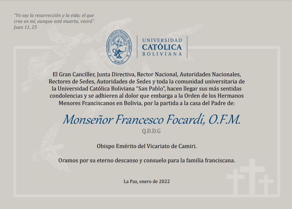 Obituario MonseñorFrancesco Focardi, . | Universidad Católica  Boliviana 