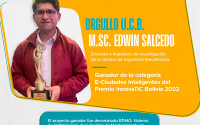 El M.Sc. Edwin Salcedo, docente e ingeniero de investigación de Ingeniería Mecatrónica, ganó la categoría de E-Ciudades Inteligentes en el Premio InnovaTIC