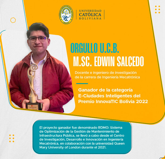 El M.Sc. Edwin Salcedo, docente e ingeniero de investigación de Ingeniería Mecatrónica, ganó la categoría de E-Ciudades Inteligentes en el Premio InnovaTIC